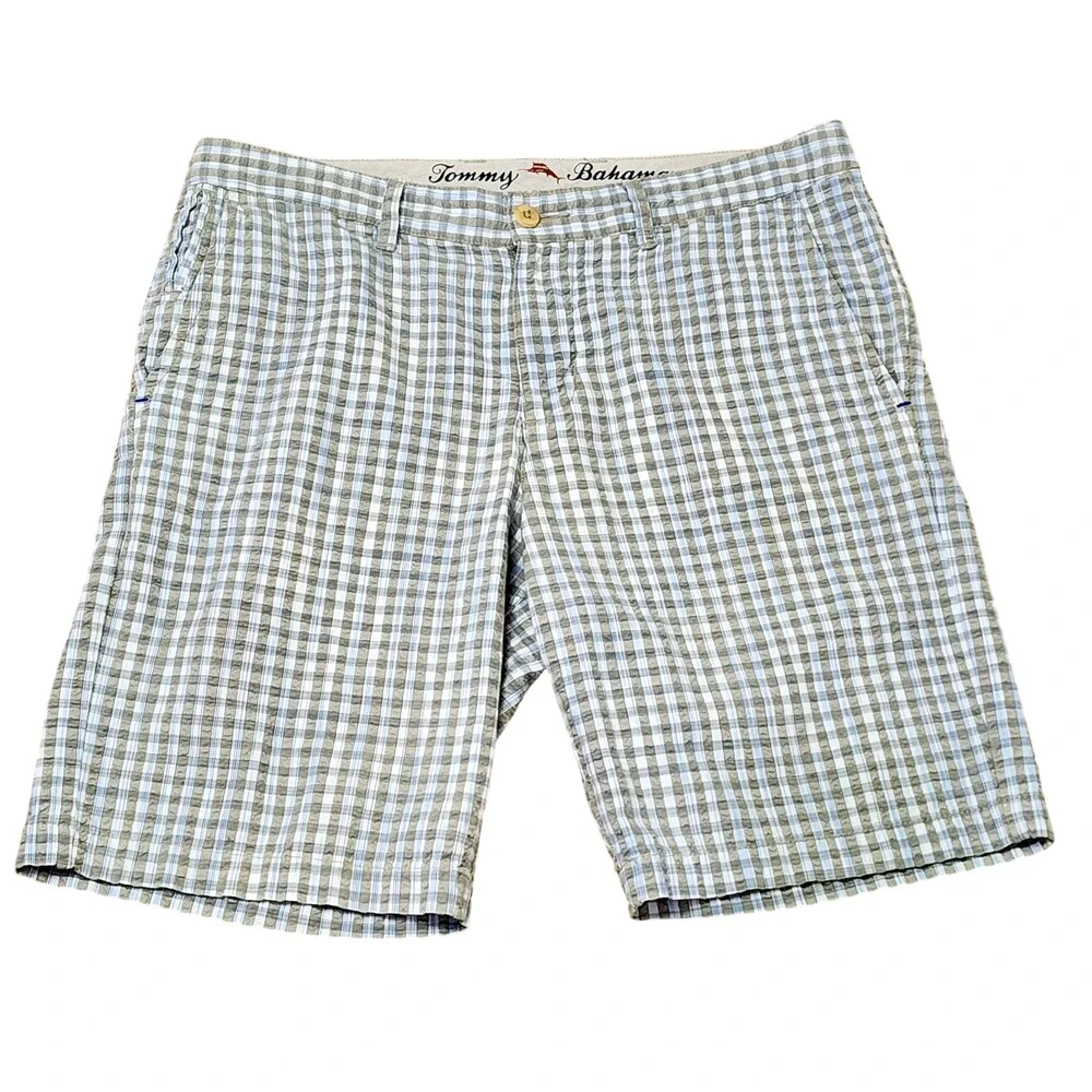 Tommy Bahama Shorts Mens 34 Beige Check Cotton Chino Flat Front Casual Summer